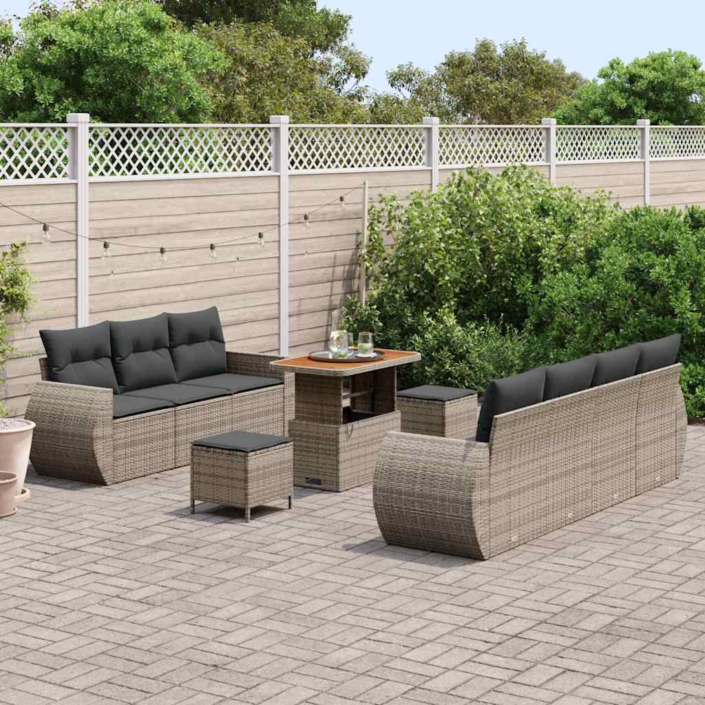 vidaXL 10-delige tuinsofa set met kussens in grijs poly rattan en acaciahout