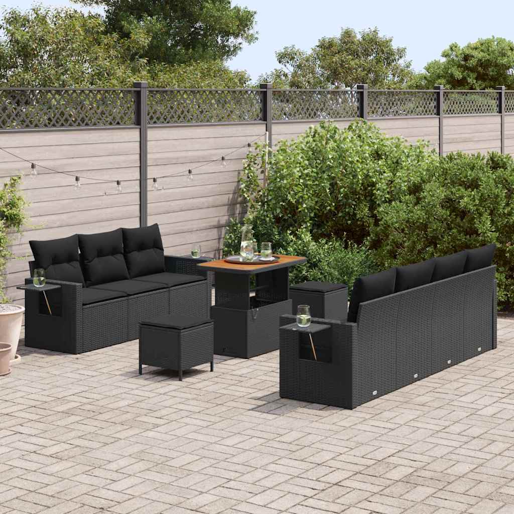 vidaXL 10-delig tuinbankstel met kussens in zwart, poly rattan en acacia.