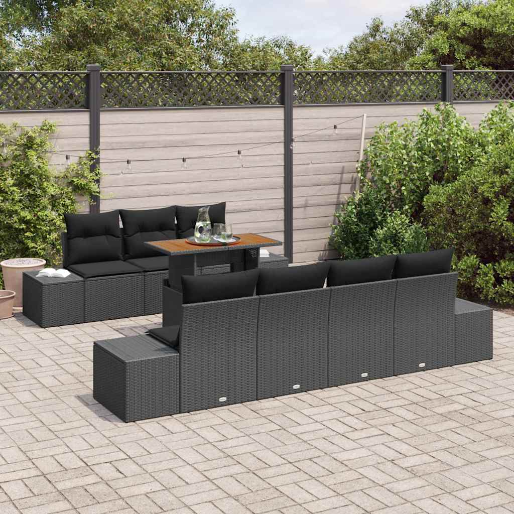 vidaXL 8-delige tuinset met kussens in zwart poly rattan