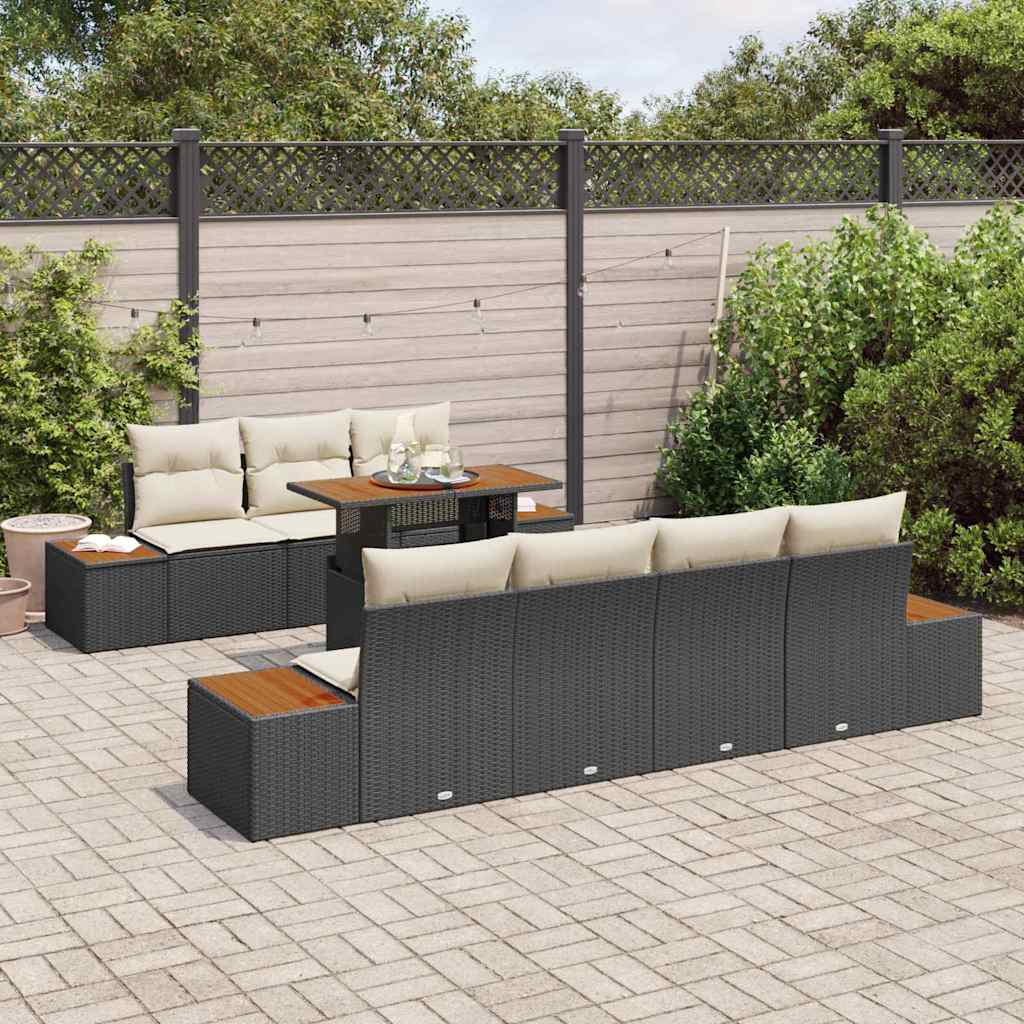 vidaXL 8-delige tuinset met kussens in zwart van poly rattan en acaciahout