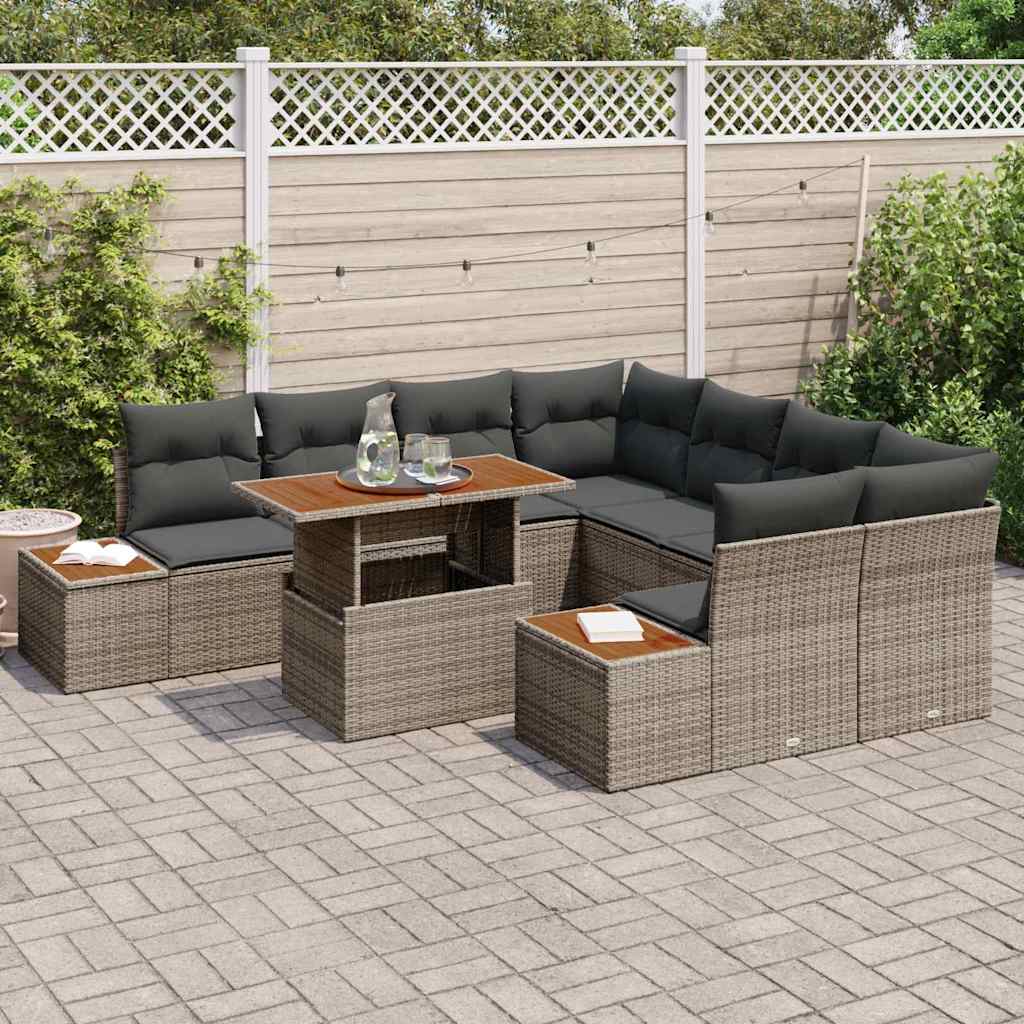 vidaXL 9-delige tuinset met kussens in grijs poly riet