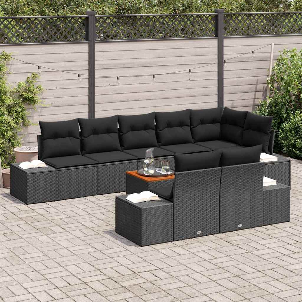 vidaXL 9-delige tuinset met kussens in zwart poly rattan en acaciahout
