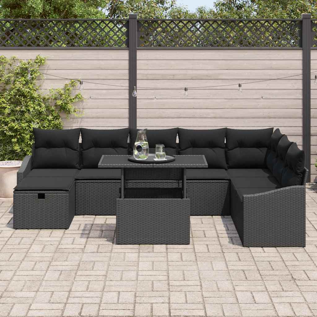 vidaXL 9-delige Tuinbankenset met kussens poly rattan zwart