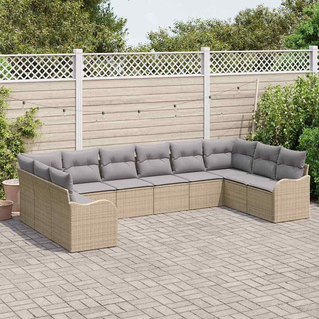 vidaXL 10-delige Tuinbankset met Kussens in Beige van Poly Riet