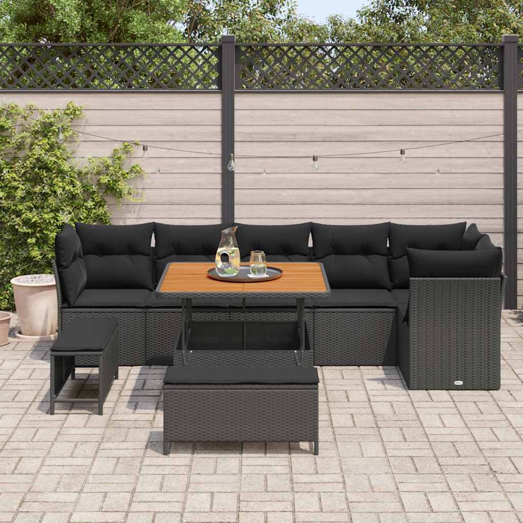 vidaXL 9-delige tuinbankset met kussens in zwart poly riet en acacia.