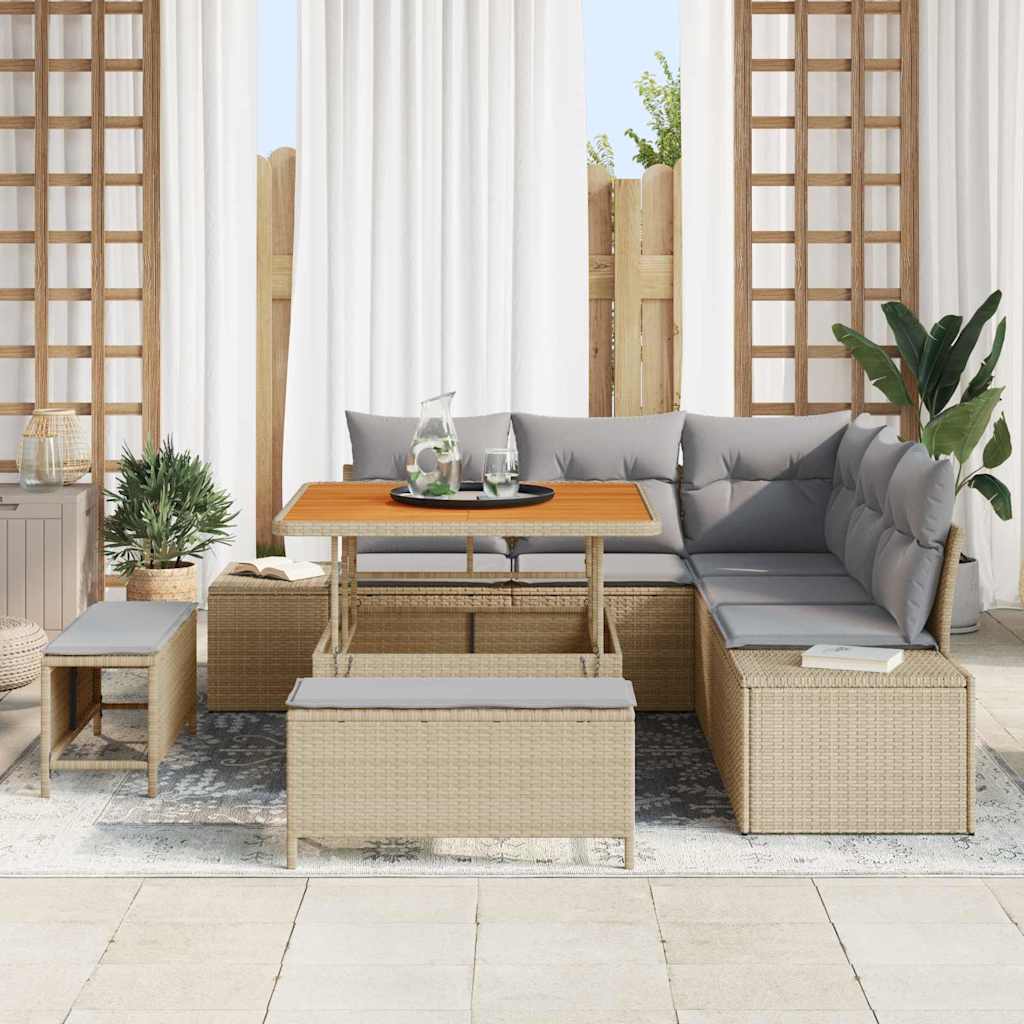 vidaXL 8-delige tuinsofa set met kussens in beige poly rattan en acacia.