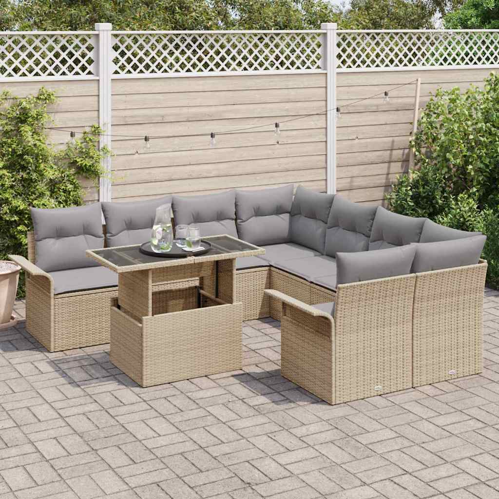 vidaXL 9-delige tuinset met kussens in beige poly rattan