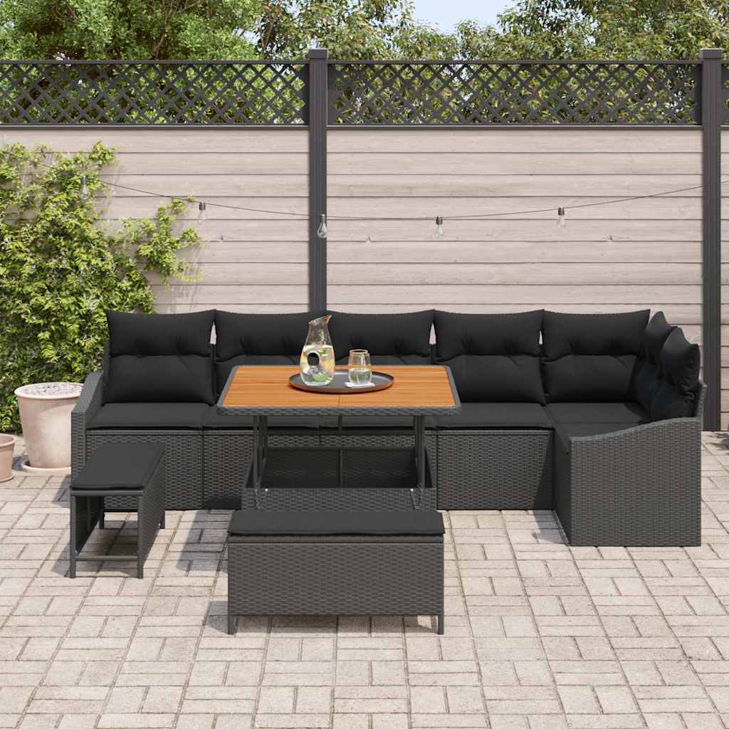 vidaXL 9-delige tuinbankset met kussens, zwarte poly rattan acacia