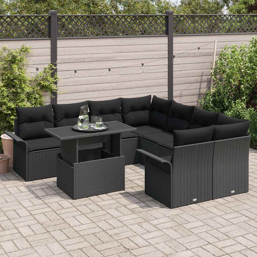 vidaXL 9-delige tuinset met kussens zwart poly rattan