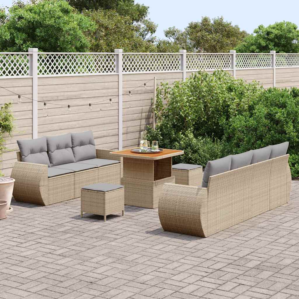 vidaXL 10-delige tuinsofa set met kussens in beige, van poly rattan en acacia