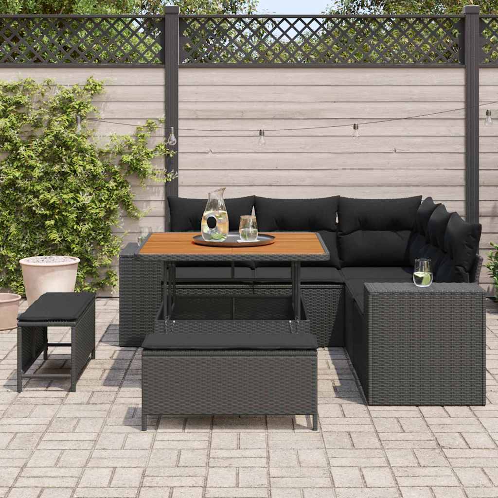 vidaXL 8-delige tuinset met kussens van zwart poly riet en acacia hout.