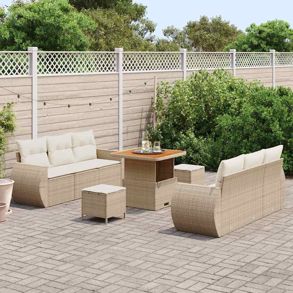 vidaXL 9-delige tuinset met kussens in beige poly rattan en acacia