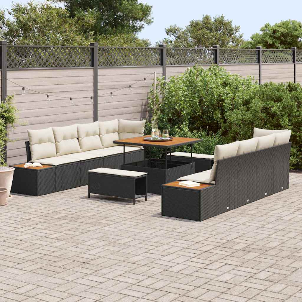 vidaXL 11-delige tuinset met zwarte kussens van poly riet en acacia