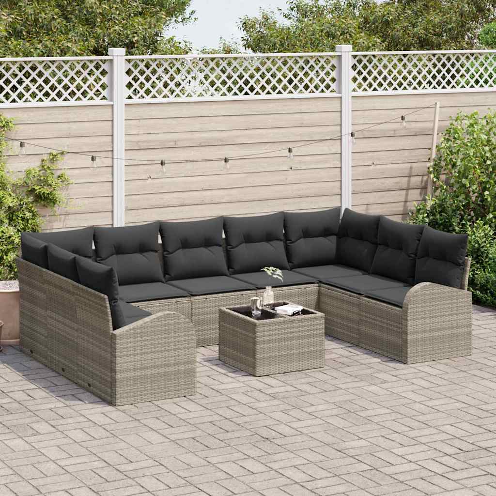 vidaXL 10-delige Tuinbankenset met kussens poly rattan grijs