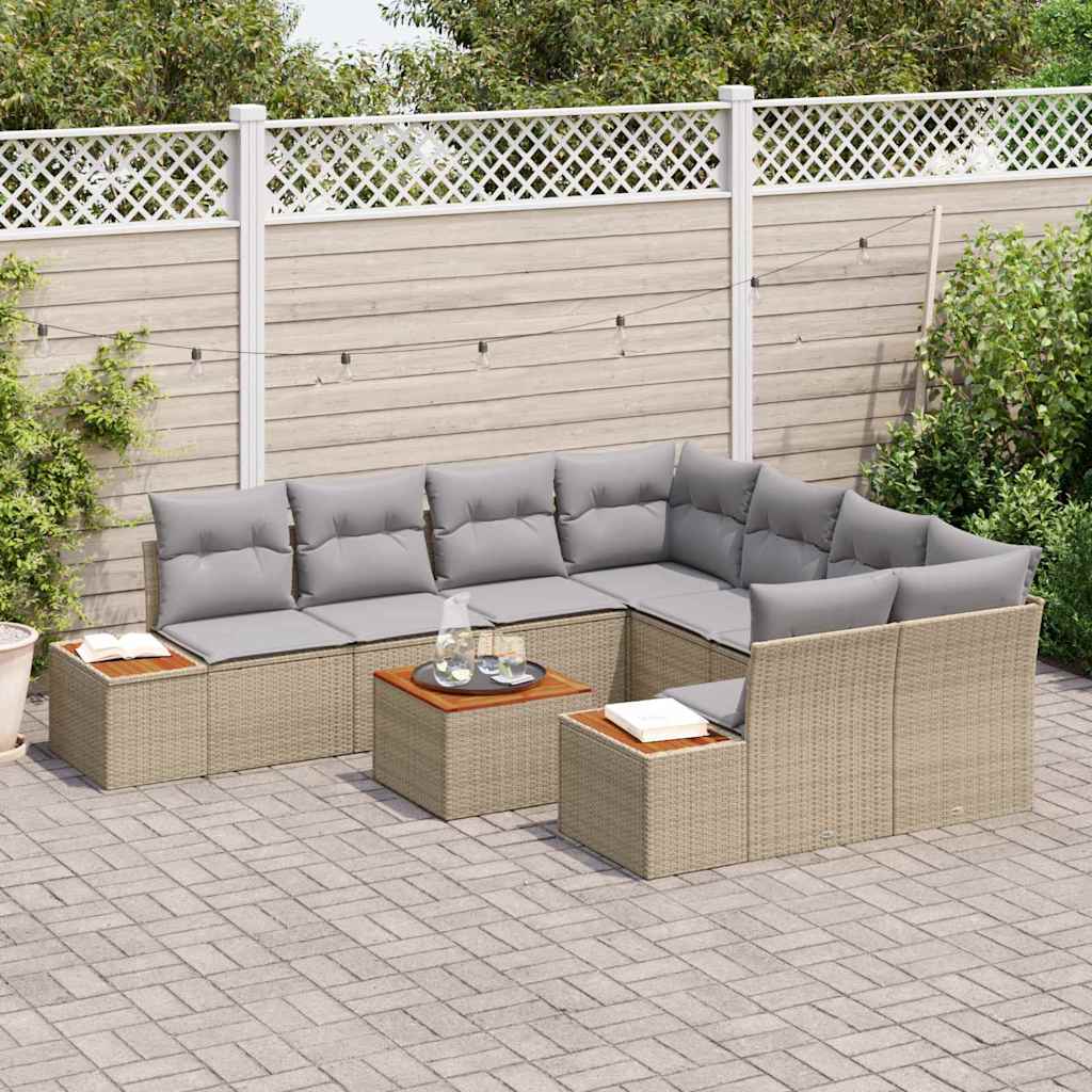 vidaXL 9-delige Tuinbankenset met kussens poly rattan acacia beige