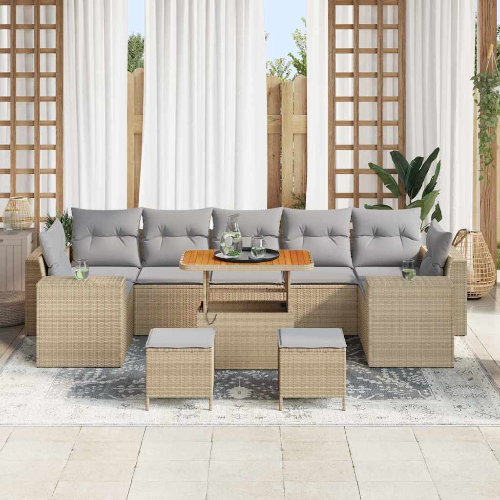 vidaXL 10-delige tuinset met kussens in beige poly rattan en acacia