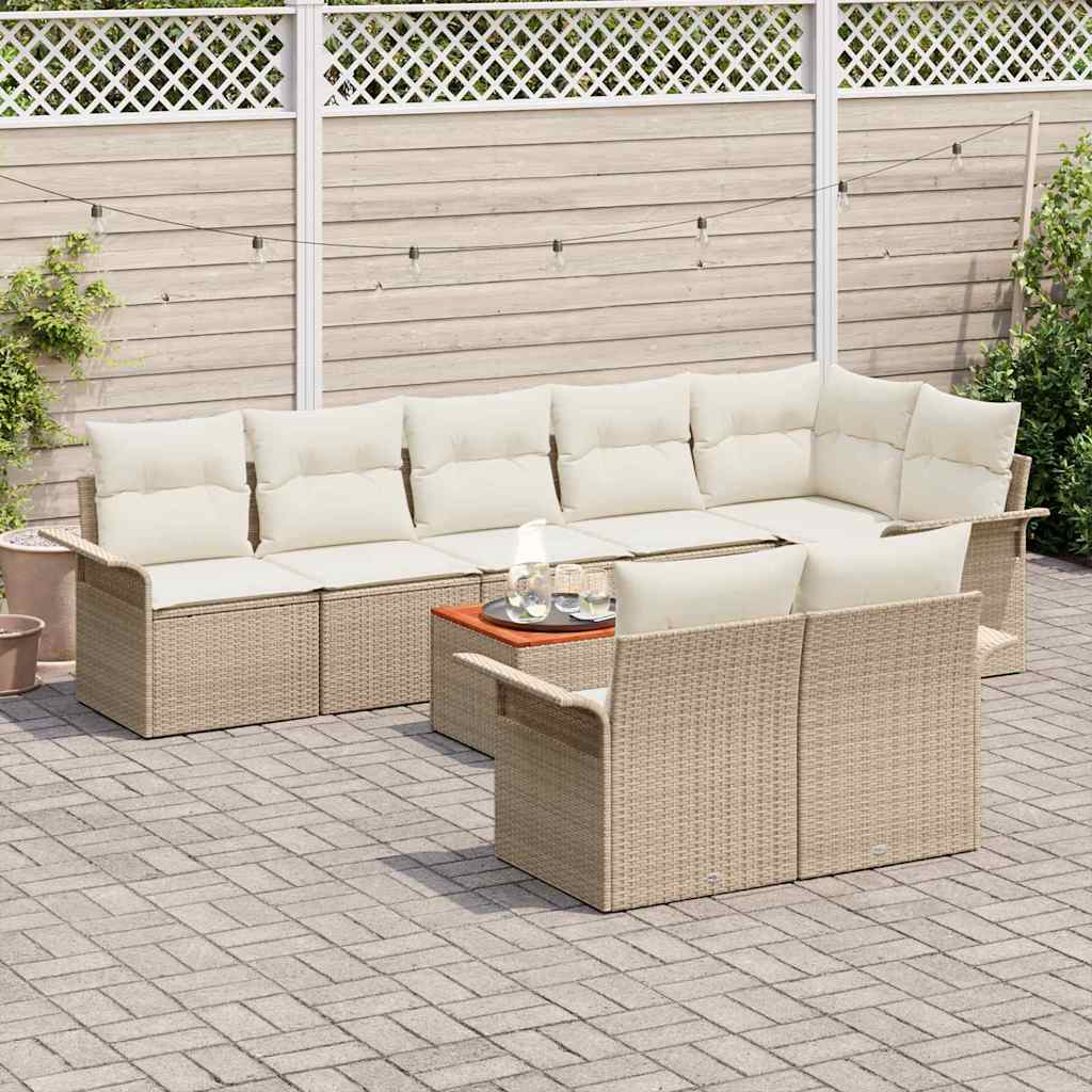 vidaXL 9-delige tuinbankset met kussens in beige poly rattan en acacia