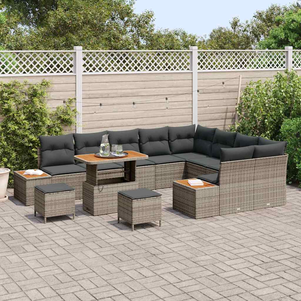 vidaXL 12-delige tuinset met kussens, grijs, van poly rattan en acaciahout