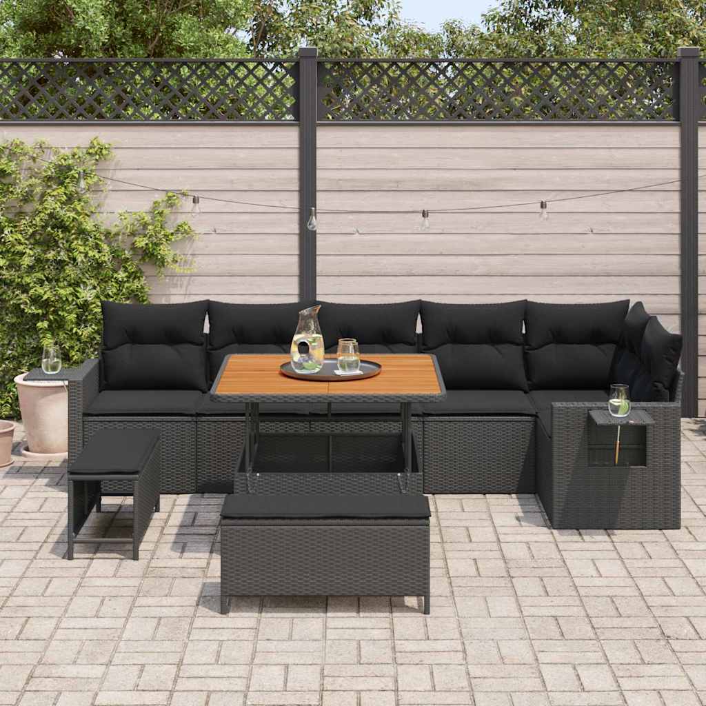 vidaXL 9-delige Tuin Sofa Set met Kussens Zwart Poly Rattan Acacia