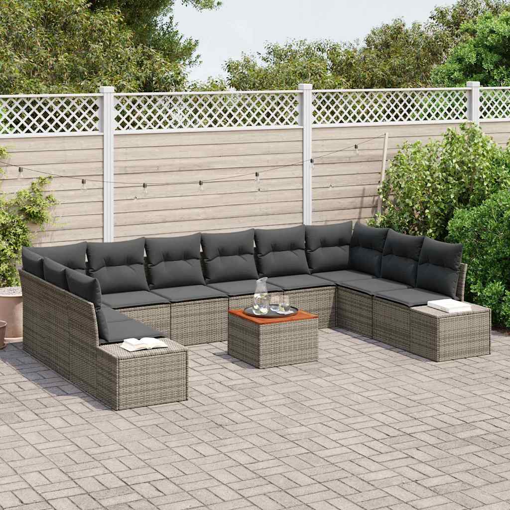 vidaXL 11-delige tuinset met kussen in grijs poly riet en acacia