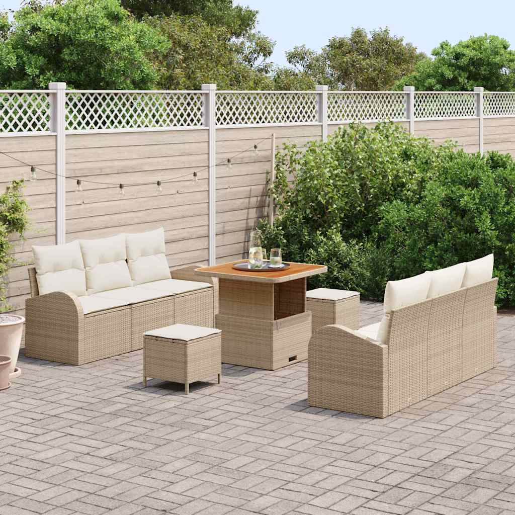 vidaXL 9-delige tuinset met kussens, beige poly rattan, acacia