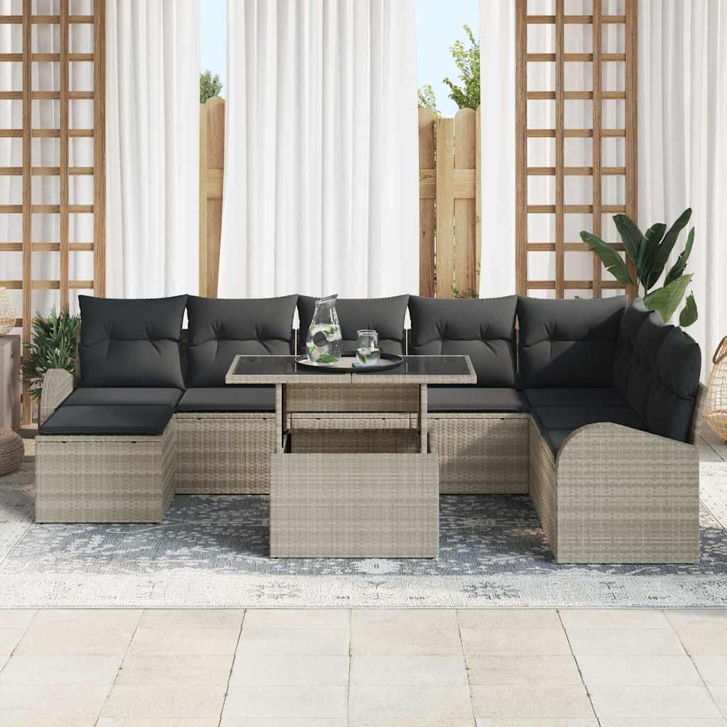 vidaXL 9-delige Tuin Sofa Set met Kussens Licht Grijs Poly Rattan