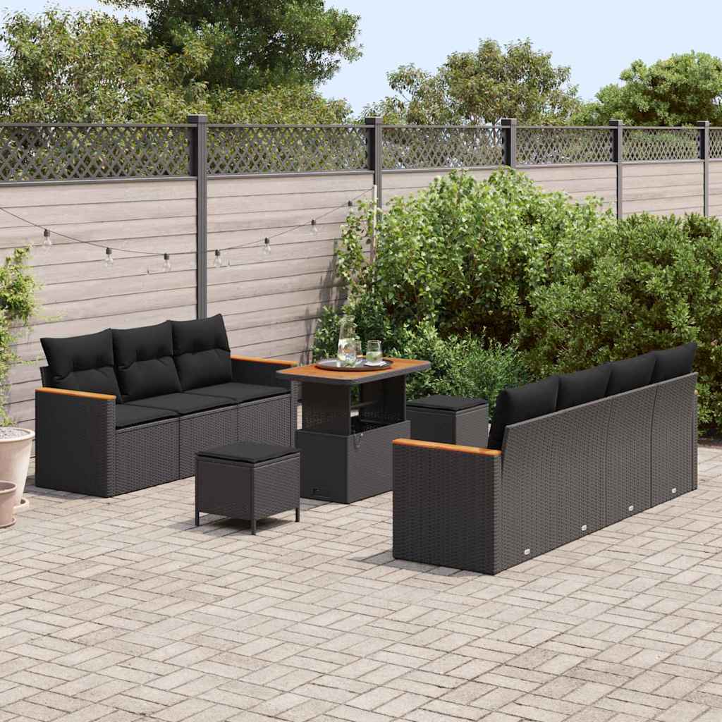 vidaXL 10-delige tuinset met kussens in zwart van poly rattan en acacia.