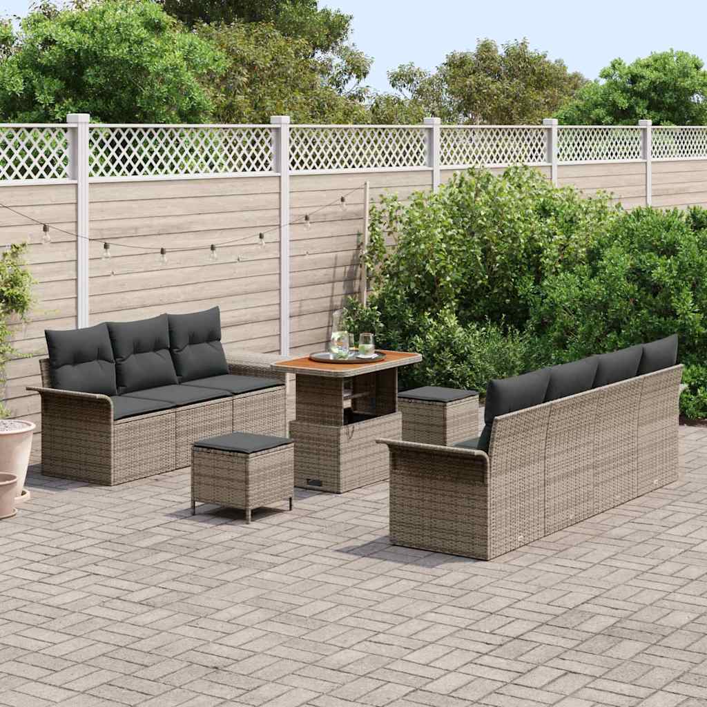 vidaXL 10-delige tuinbankset met kussens, grijs poly rattan en acaciahout