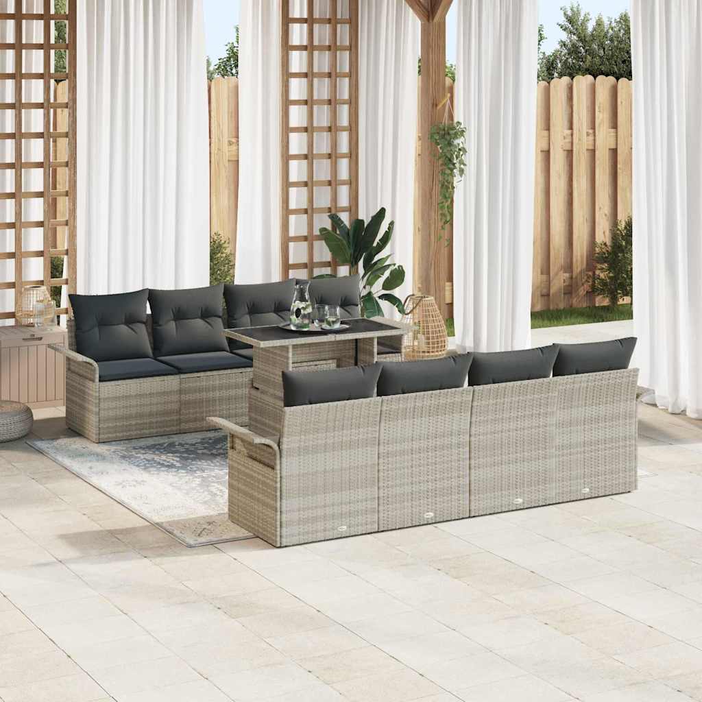 vidaXL 9-delige tuinset met kussens in lichtgrijs poly rattan