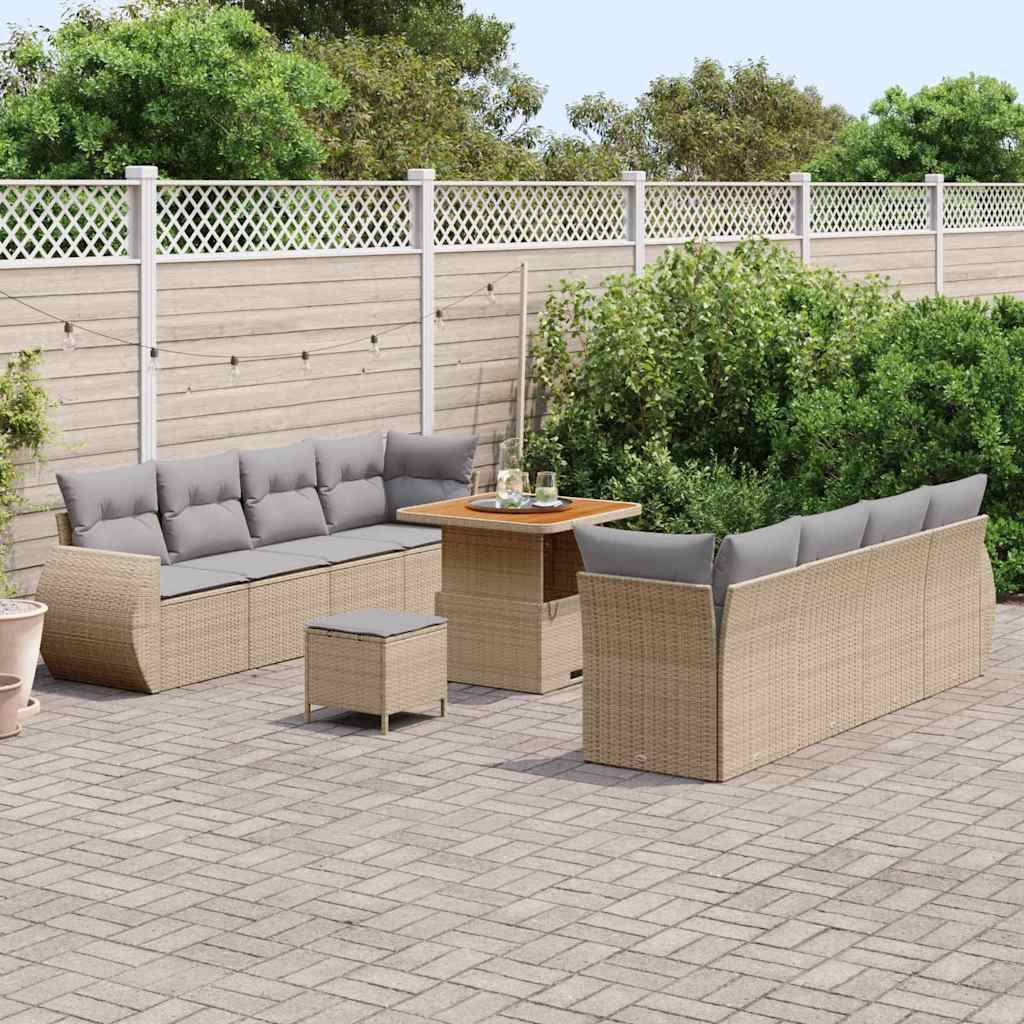 vidaXL 11 Delig Tuin Sofa Set Met Kussens Beige Van Poly Rattan En Acacia