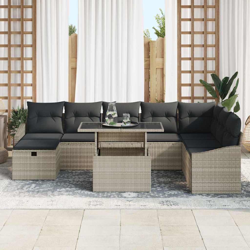 vidaXL 9-delige tuinbankset met kussens in lichtgrijs poly rattan