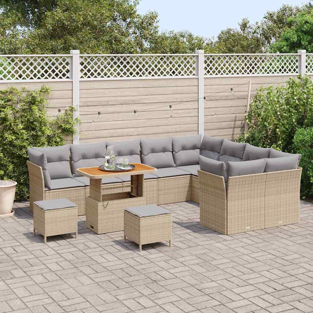 vidaXL 12 Delige Tuinset met Kussens - Beige Poly Rattan en Acacia
