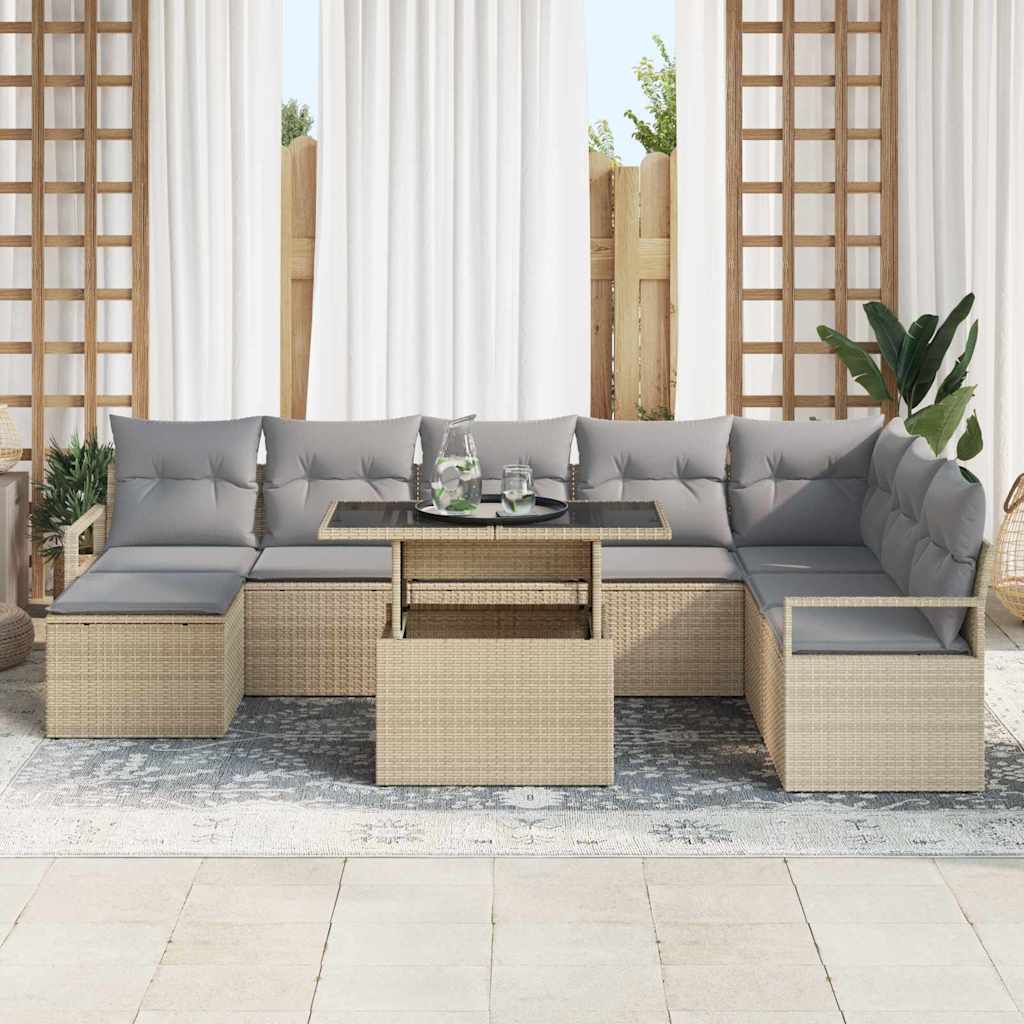 vidaXL 9-delige Tuin Sofa Set met Kussens Beige Poly Rattan
