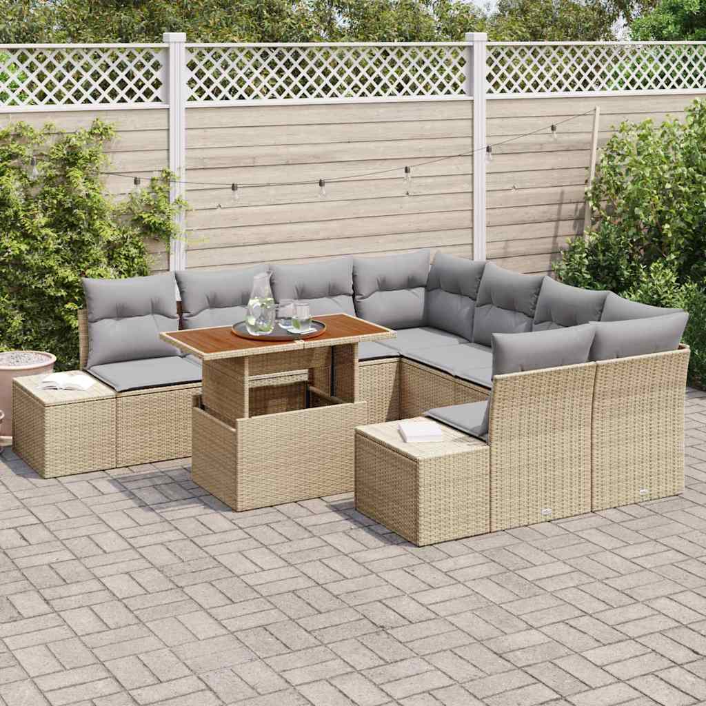 vidaXL 9-delige tuinset met kussens van beige poly riet