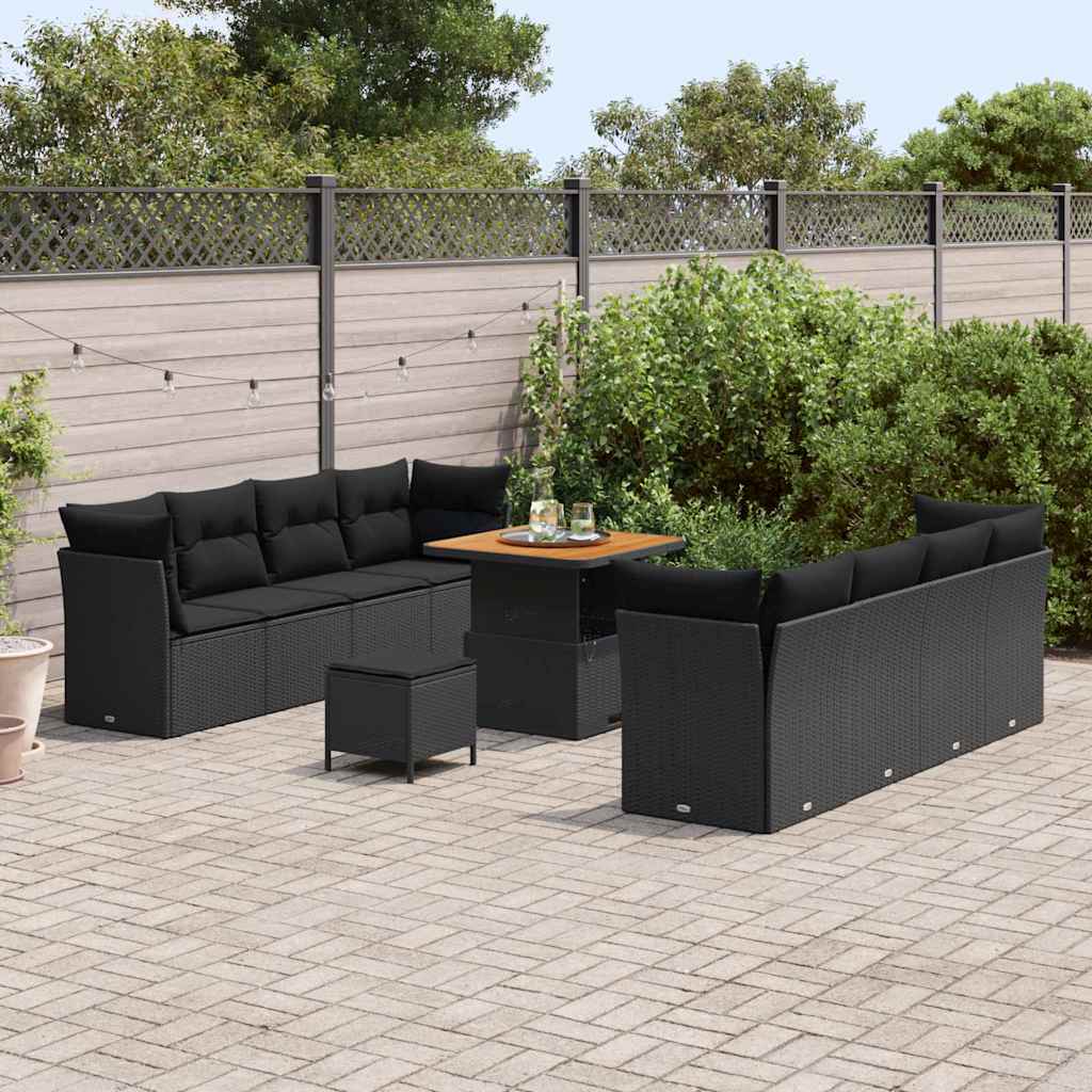 vidaXL 11-delig Tuinbankstel met Kussens in het Zwart van Poly Rattan en Acacia