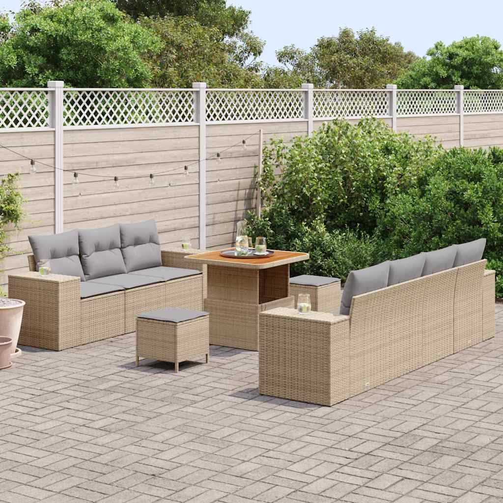 vidaXL 10-delige tuinsofa set met kussens beige poly rattan acacia