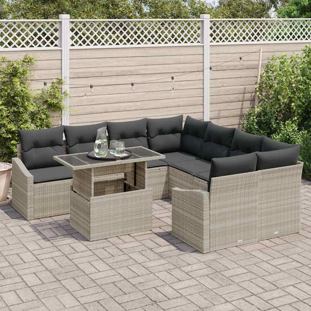 vidaXL 9-delige Tuinbankenset met kussens poly rattan lichtgrijs