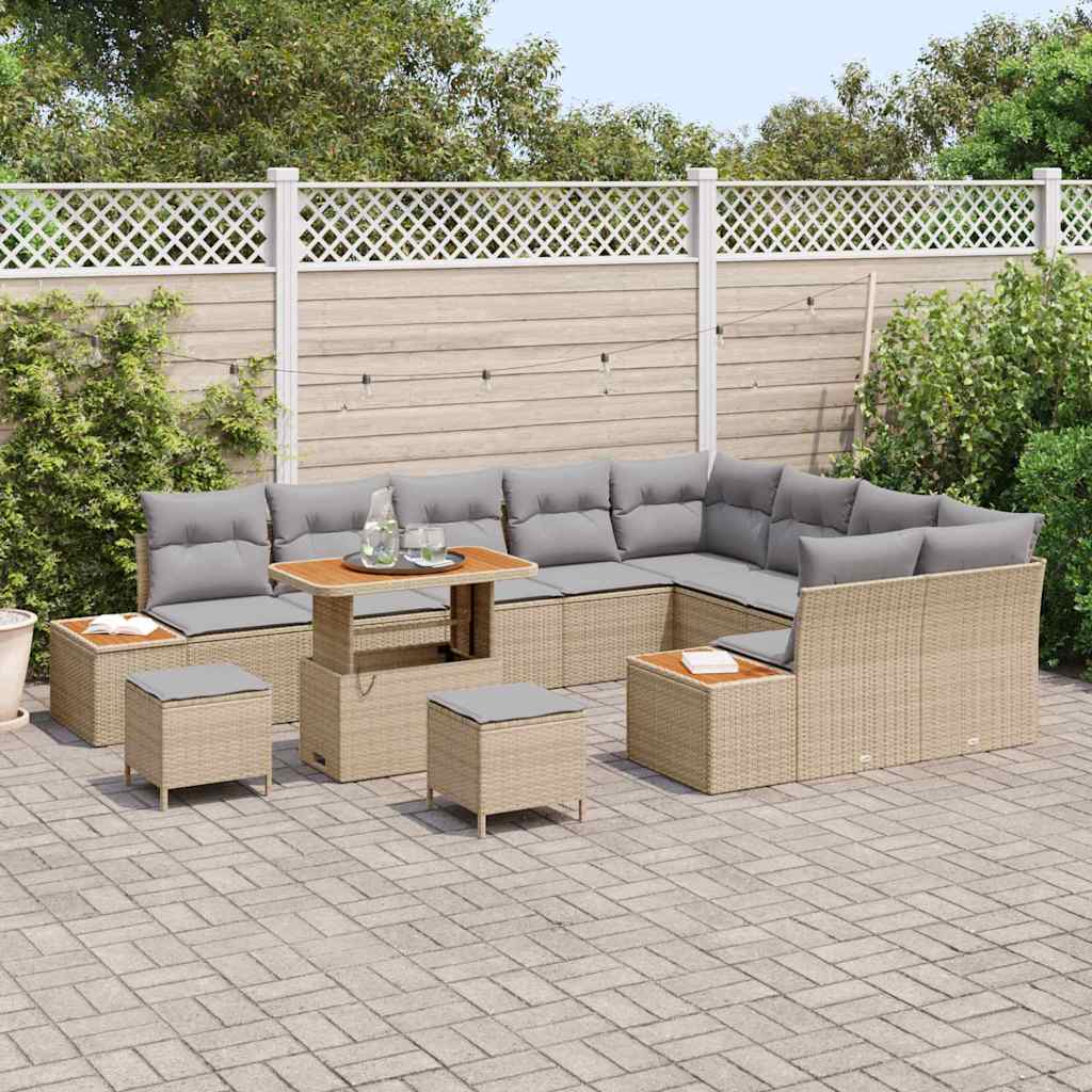 vidaXL 12-delige tuinset met kussens in beige poly rattan en acacia