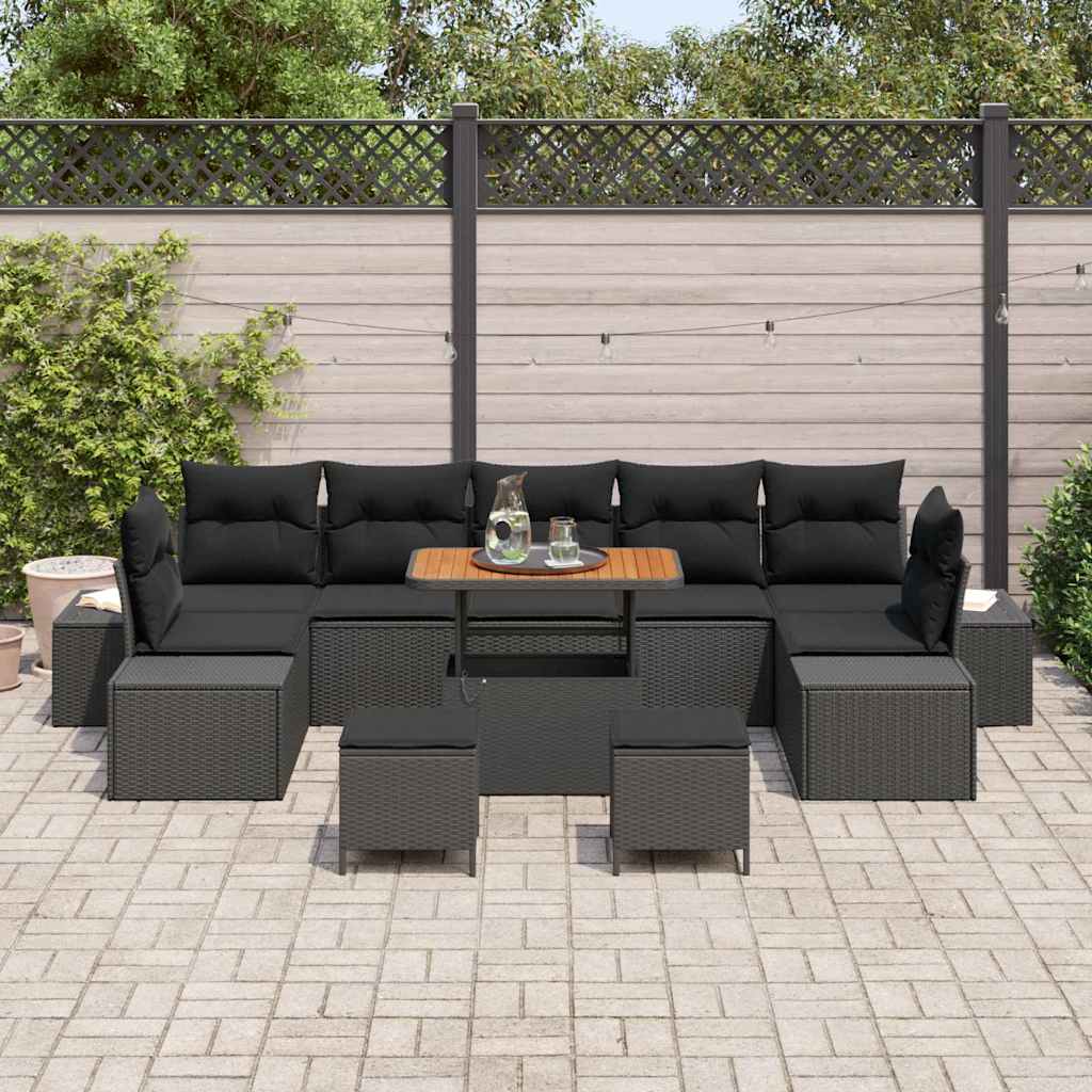 vidaXL 10-delige Tuinset met Kussens - Zwart Poly Rattan en Acacia