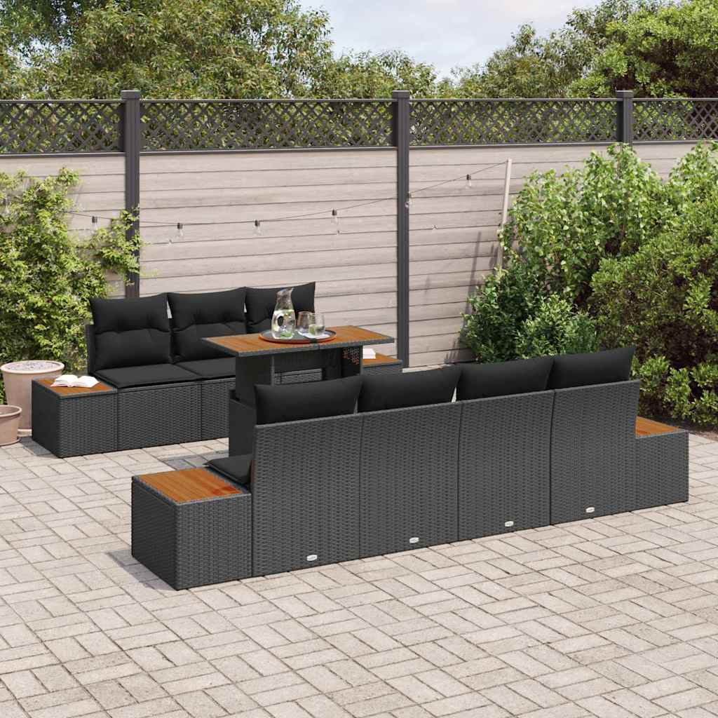 vidaXL 8-delige tuinset met kussens van zwart poly rattan