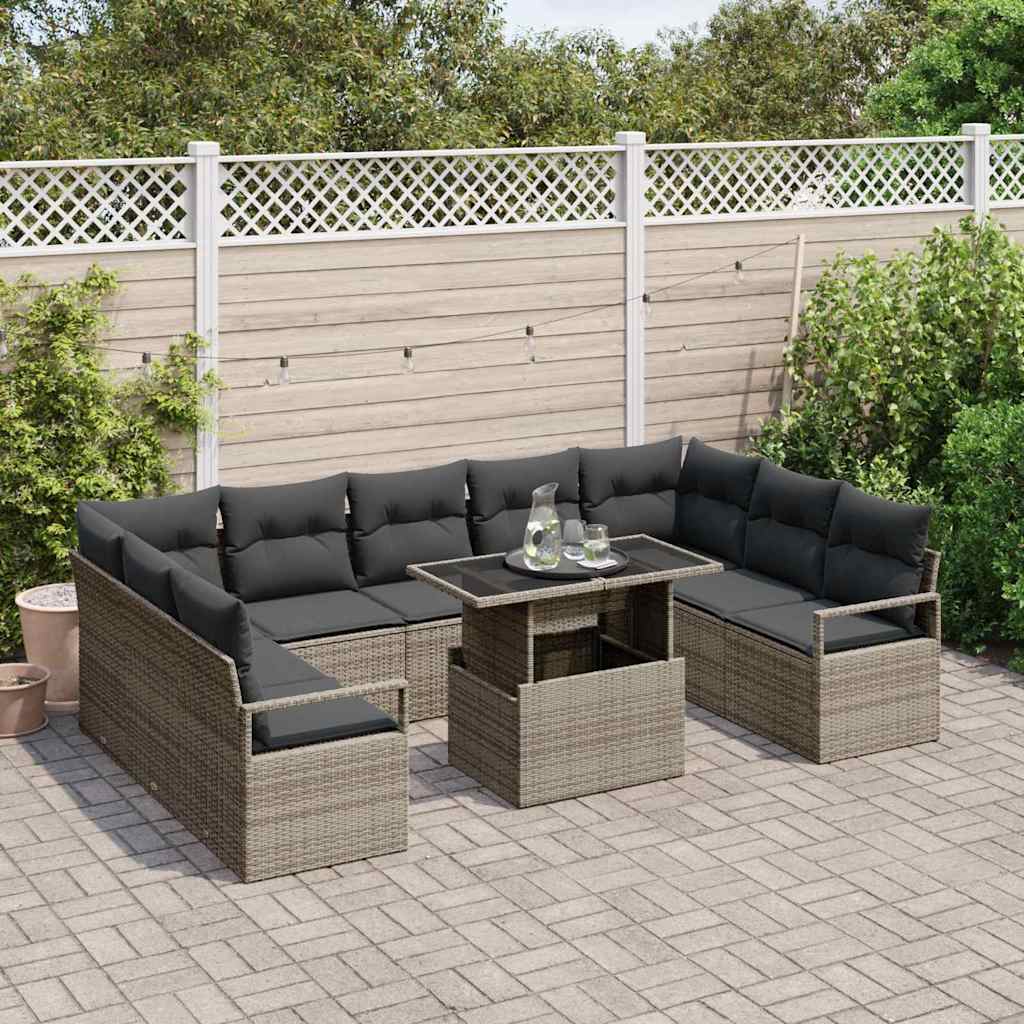 vidaXL 10-delige Tuinbankenset met kussens poly rattan grijs