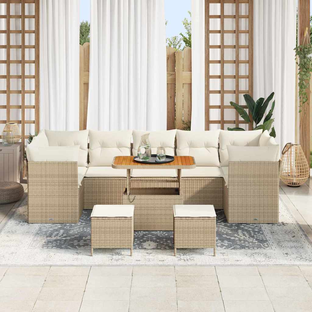 vidaXL 10-delig Tuin Sofa Set met Kussens in Beige van Poly Rattan en Acacia.
