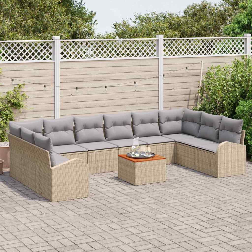 vidaXL 11-delige tuinbankset met kussens, beige poly riet en acacia