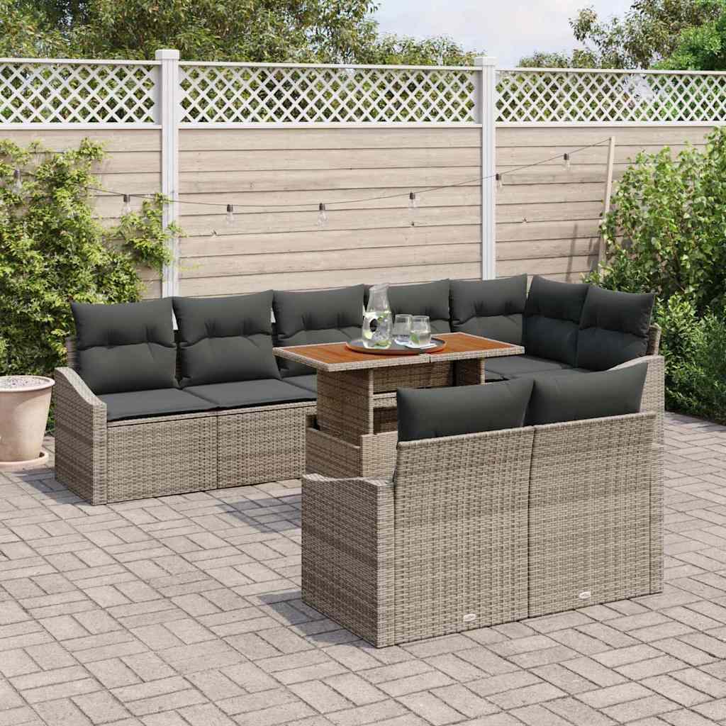 vidaXL 9-delige tuinsofa set met kussens in grijs poly rattan