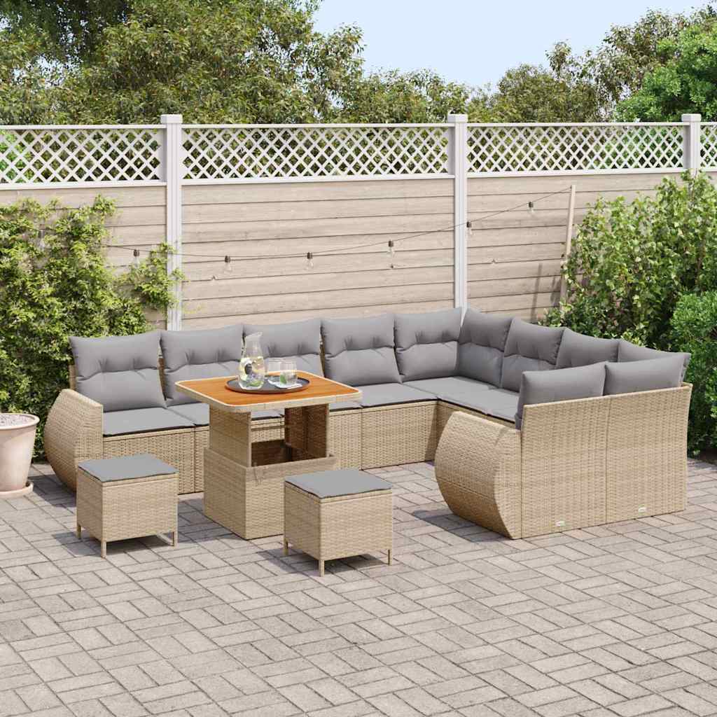 vidaXL 12-delige Tuinbank Set met Kussens in Beige - Poly Rattan en Acacia