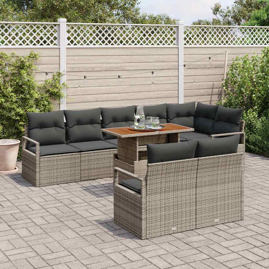 vidaXL 9-delige tuinbankset met kussens in grijs poly rattan