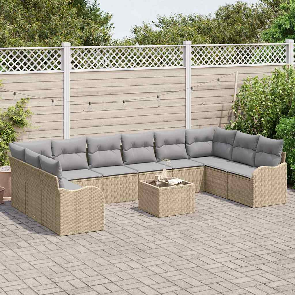 vidaXL 11-delige tuinbankset met kussens in zwart poly riet