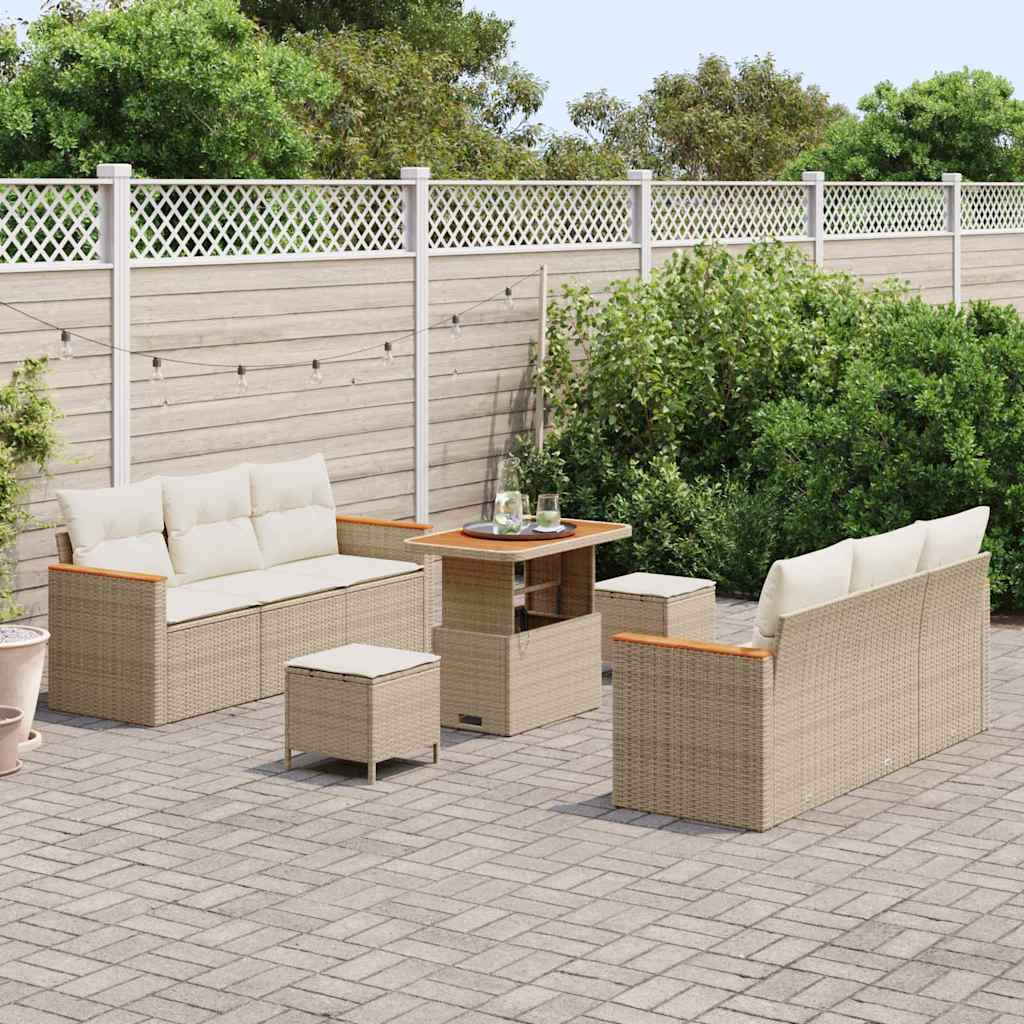 vidaXL 9-delige tuinbankset met kussens in beige van poly rattan en acacia.