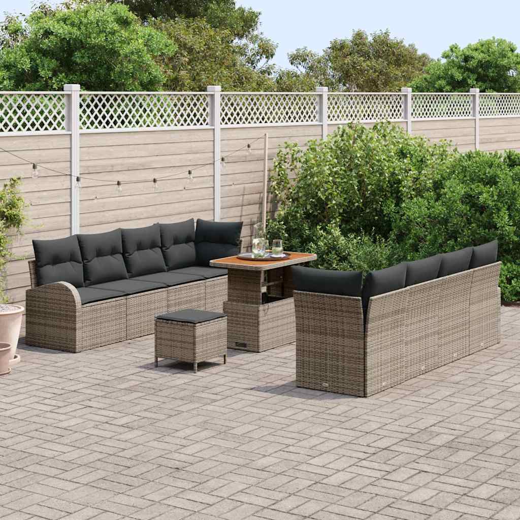 vidaXL 11-delige Tuinbankenset met kussens poly rattan acacia grijs