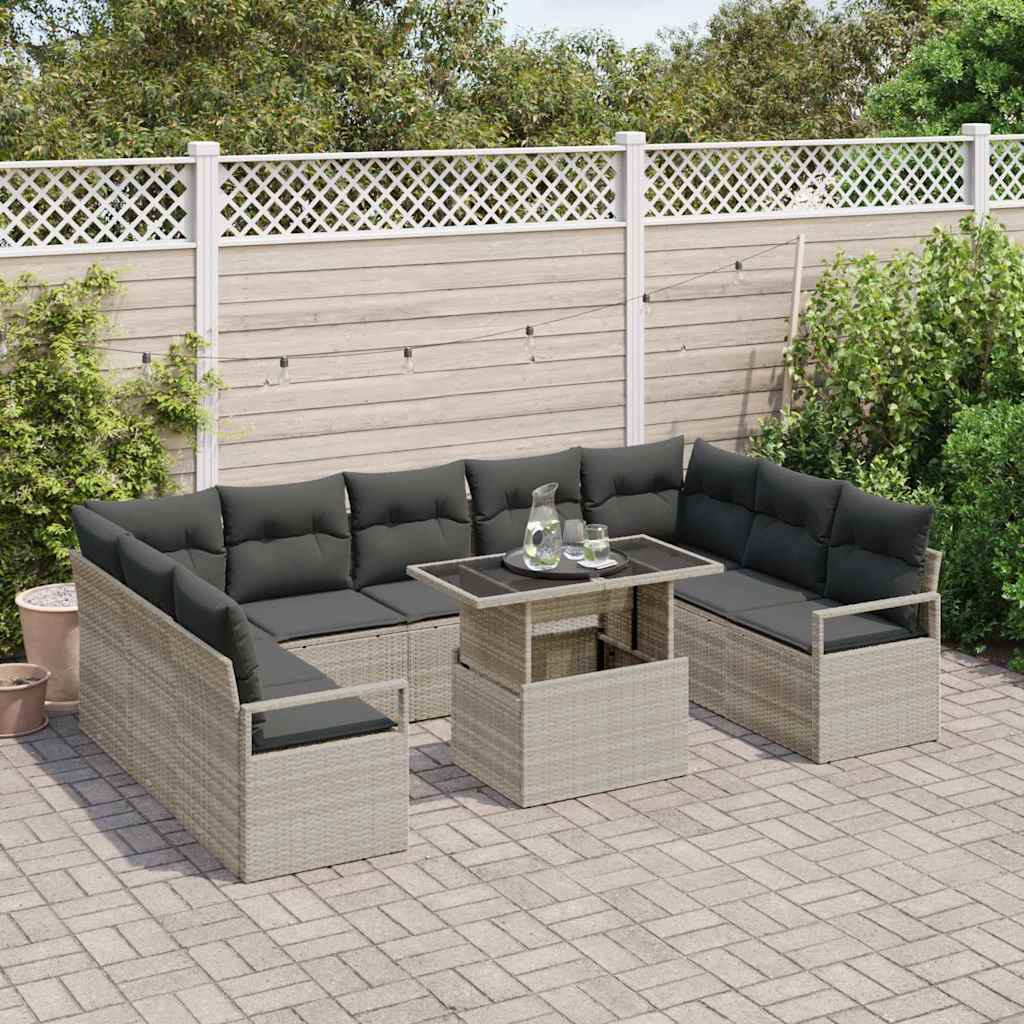 vidaXL 10-delige Tuinbankenset met kussens poly rattan lichtgrijs